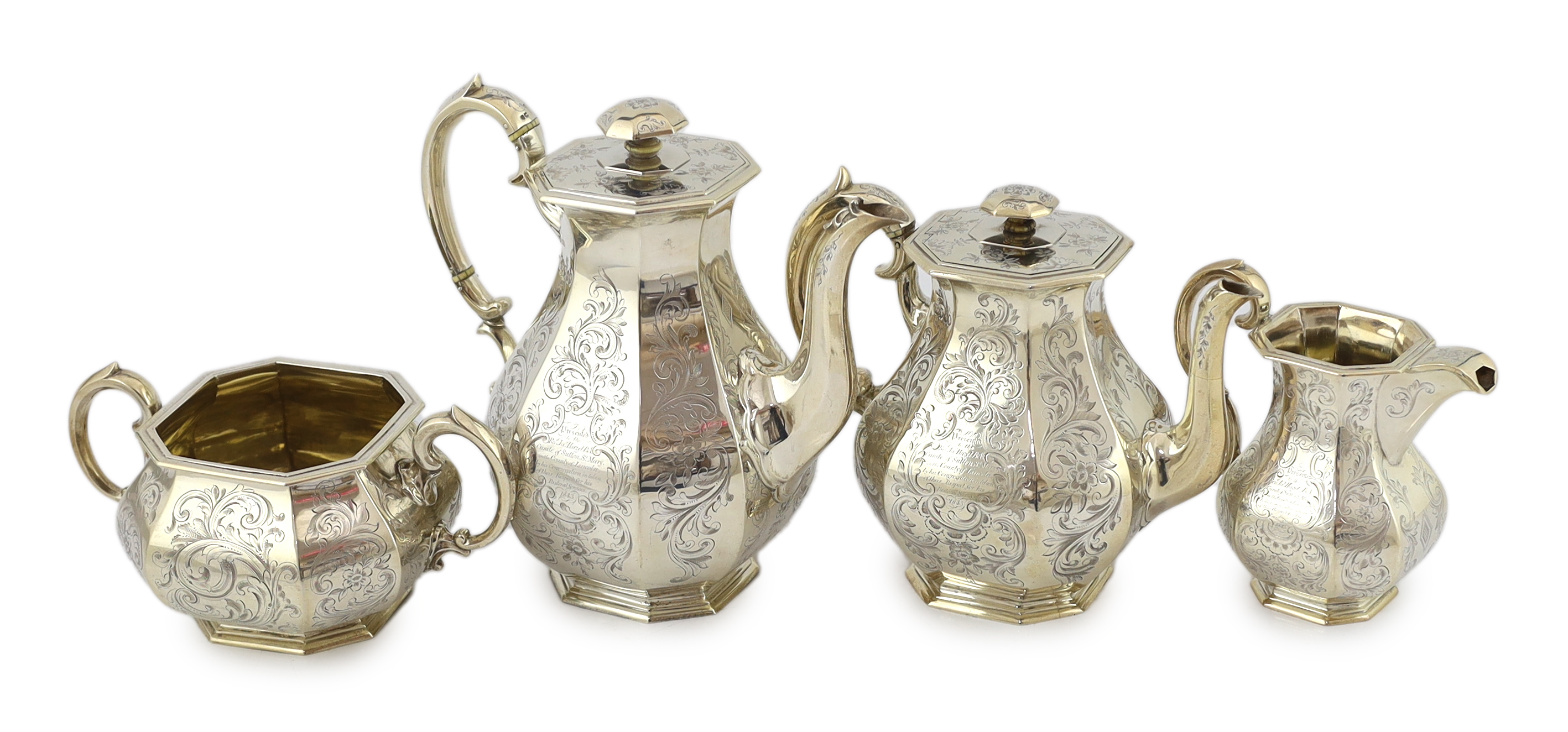 A Victorian engraved silver octagonal four piece silver tea and coffee service, by William Robert Smily